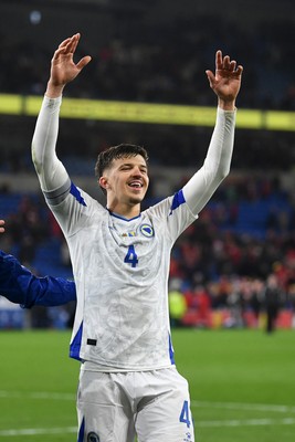 260326 - Wales v Bosnia-Herzegovina - 2026 FIFA World Cup Qualifying - Play-off Semi-final - Tarik Muharemovic of Bosnia celebrates at full time