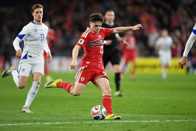 260326 - Wales v Bosnia-Herzegovina - 2026 FIFA World Cup Qualifying - Play-off Semi-final - Daniel James of Wales has a shot on goal