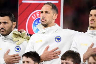 260326 - Wales v Bosnia-Herzegovina - 2026 FIFA World Cup Qualifying - Play-off Semi-final - Bosnia players during the anthems