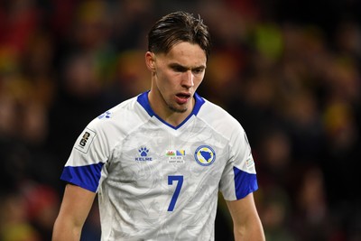 260326 - Wales v Bosnia-Herzegovina - 2026 FIFA World Cup Qualifying - Play-off Semi-final - Amar Dedic of Bosnia
