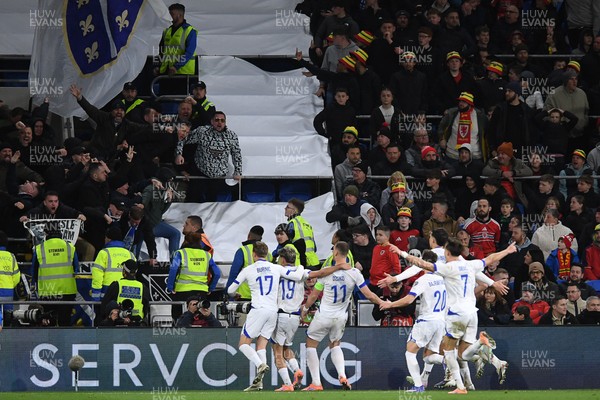 260326 - Wales v Bosnia-Herzegovina - 2026 FIFA World Cup Qualifying - Play-off Semi-final - Edin Dzeko of Bosnia celebrates scoring a goal with team mates]