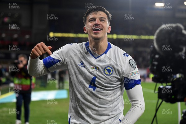 260326 - Wales v Bosnia-Herzegovina - 2026 FIFA World Cup Qualifying - Play-off Semi-final - Tarik Muharemovic of Bosnia celebrates at full time