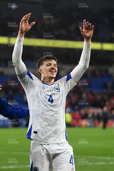 260326 - Wales v Bosnia-Herzegovina - 2026 FIFA World Cup Qualifying - Play-off Semi-final - Tarik Muharemovic of Bosnia celebrates at full time
