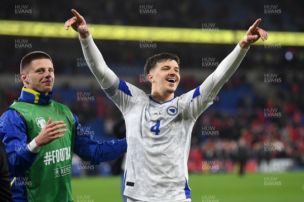 260326 - Wales v Bosnia-Herzegovina - 2026 FIFA World Cup Qualifying - Play-off Semi-final - Tarik Muharemovic of Bosnia celebrates at full time