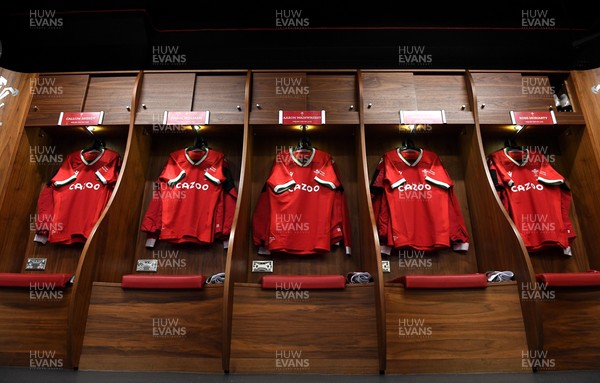 030721 - Wales v Canada - Summer International Rugby - Callum Sheedy, Tomos Williams, Aaron Wainwright, James Botham and Ross Moriarty of Wales jersey hangs in the dressing room