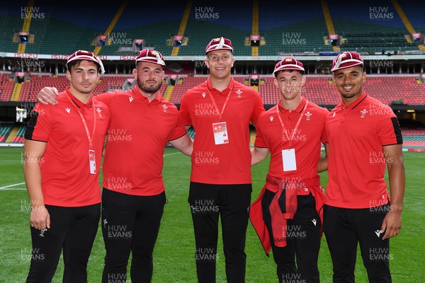 030721 - Wales v Canada - Summer International Rugby - Taine Basham, Gareth Thomas, Ben Carter, Tom Rogers and Ben Thomas of Wales after receiving their first caps