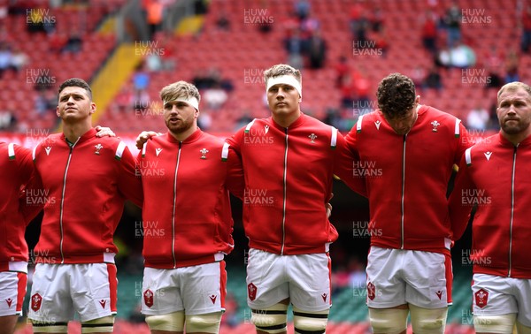 030721 - Wales v Canada - Summer International Rugby - James Botham, Aaron Wainwright, Ben Carter, Will Rowlands and Ross Moriarty during the anthems