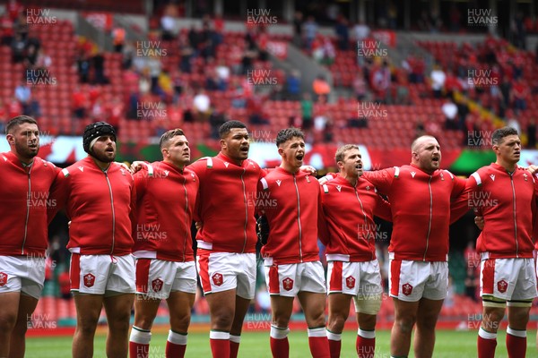 030721 - Wales v Canada - Summer International Rugby - Gareth Thomas, Nicky Smith, Elliot Dee, Leon Brown, Tom Rogers, Leigh Halfpenny, Dillon Lewis and James Botham during the anthems