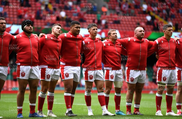 030721 - Wales v Canada - Summer International Rugby - Gareth Thomas, Nicky Smith, Elliot Dee, Leon Brown, Tom Rogers, Leigh Halfpenny, Dillon Lewis and James Botham during the anthems