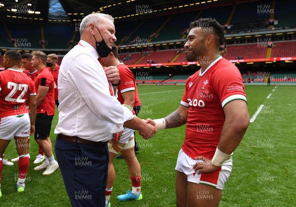 030721 - Wales v Canada - Summer International Rugby - Wales head coach Wayne Pivac and Willis Halaholo of Wales at the end of the game