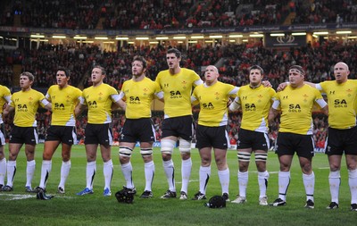 14.11.08 - Wales v Canada -  Invesco Perpetual Series 2008 - Wales line-up for the national anthems in their yellow away kit.  
