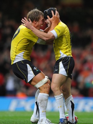 14.11.08 - Wales v Canada -  Invesco Perpetual Series 2008 - Wales' Leigh Halfpenny celebrates try with Andy Powell.  