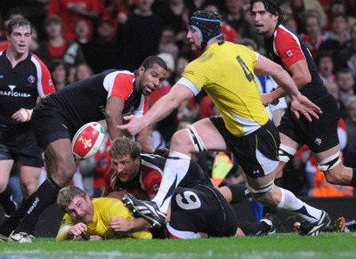 14.11.08 - Wales v Canada - Invesco Perpetual Series -  Wales' Ian Gough  knocks on a Richard Hibbard  pass with the try line within reach 