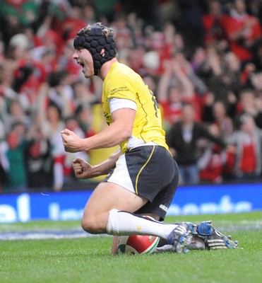 14.11.08 - Wales v Canada - Invesco Perpetual Series -  Wales' Leigh Halfpenny celebrates after scoring try 