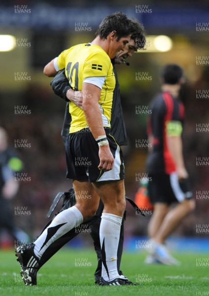 14.11.08 - Wales v Canada -  Invesco Perpetual Series 2008 - Wales' James Hook is helped from the field with an injury.  