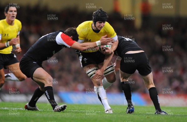 14.11.08 - Wales v Canada -  Invesco Perpetual Series 2008 - Wales' Robin Sowden-Taylor is tackled by Canada's Ander Monro and Ed Fairhurst(L).  