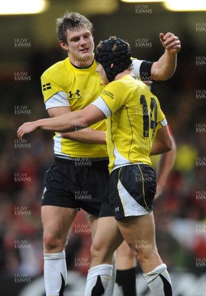 14.11.08 - Wales v Canada -  Invesco Perpetual Series 2008 - Wales' Leigh Halfpenny celebrates try with Dan Biggar.  