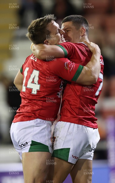 191022 - Wales v Cook Islands - Rugby League World Cup 2021 - Ollie Olds of Wales Rugby League celebrates scoring the team's second try with Josh Ralph of Wales Rugby League