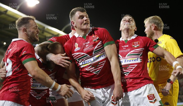 191022 - Wales v Cook Islands - Rugby League World Cup 2021 - Rhodri Lloyd of Wales Rugby League celebrates scoring the 1st try of the match