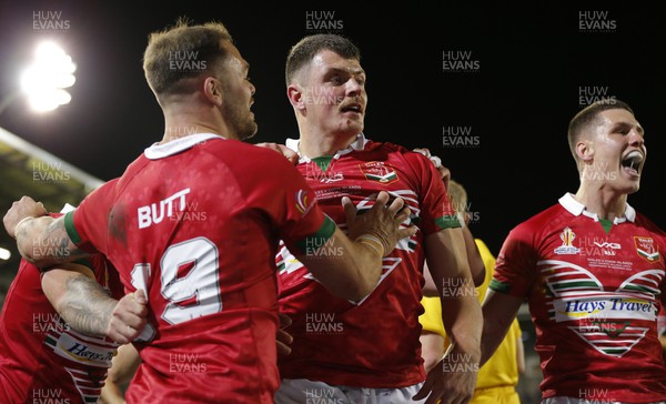 191022 - Wales v Cook Islands - Rugby League World Cup 2021 - Rhodri Lloyd of Wales Rugby League celebrates scoring the 1st try of the match