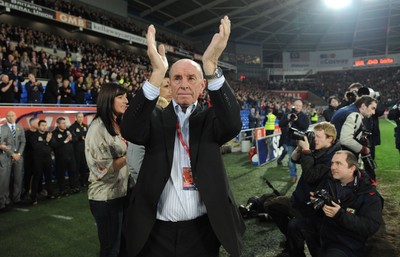 290212 - Wales v Costa Rica -Gary Speed's father Roger applauds the crowd