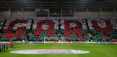290212 - Wales v Costa Rica, The Gary Speed Memorial Match, Cardiff - Fans spell out Gary's name during the singing of the National Anthem at the start of the match 
