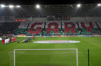 290212 - Wales v Costa Rica, The Gary Speed Memorial Match, Cardiff - Fans spell out Gary's name during the singing of the National Anthem at the start of the match 