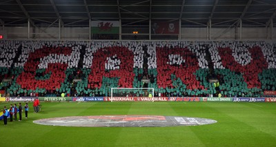 290212 - Wales v Costa Rica, The Gary Speed Memorial Match, Cardiff - Fans spell out Gary's name during the singing of the National Anthem at the start of the match 
