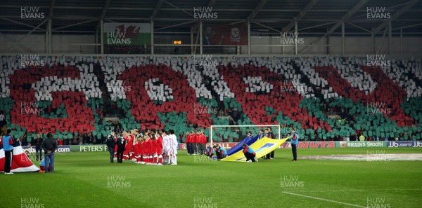 290212 - Wales v Costa Rica, The Gary Speed Memorial Match, Cardiff - Fans spell out Gary's name during the singing of the National Anthem at the start of the match 