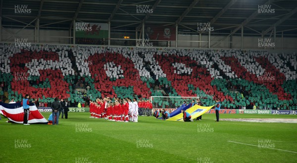 290212 - Wales v Costa Rica, The Gary Speed Memorial Match, Cardiff - Fans spell out Gary's name during the singing of the National Anthem at the start of the match 