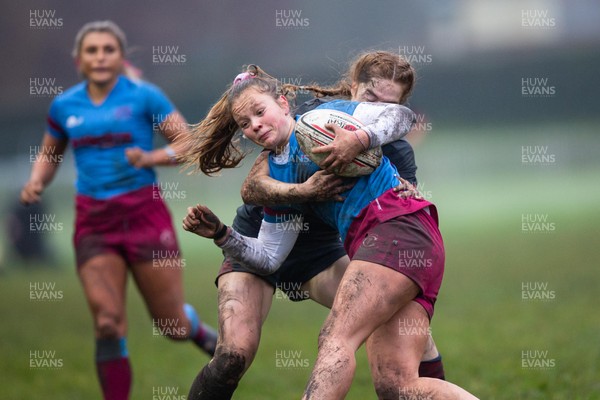 231119 - Wales Women v Crawshay's Women - Catherine Richards of Crawshay’s is tackled by Wales right wing Lisa Neumann