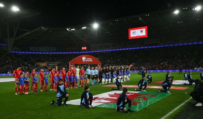 131019 - Wales v Croatia, UEFA Euro 2020 Qualifier - Wales and Croatia line up for the anthems at the start of the match