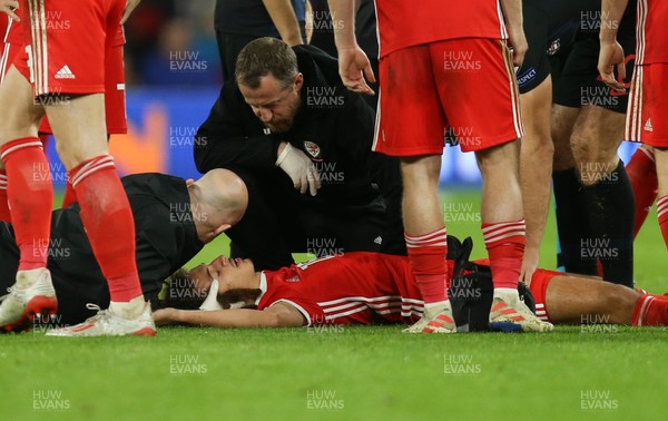131019 - Wales v Croatia, UEFA Euro 2020 Qualifier - Ethan Ampadu of Wales receives treatment after a heavy challenge