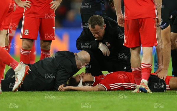 131019 - Wales v Croatia, UEFA Euro 2020 Qualifier - Ethan Ampadu of Wales receives treatment after a heavy challenge