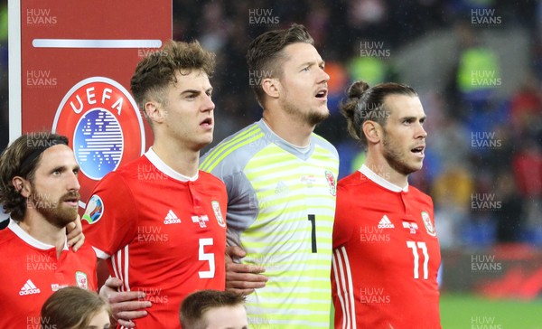 131019 - Wales v Croatia, UEFA Euro 2020 Qualifier - Left to right, Joe Allen, Joe Rodon , Wales goalkeeper Wayne Hennessey and Gareth Bale during the anthems