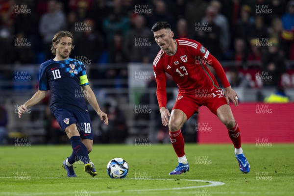 151023 - Wales v Croatia - European Championship Qualifier - Luca Modric of Croatia in action against in action against Wales' Kieffer Moore