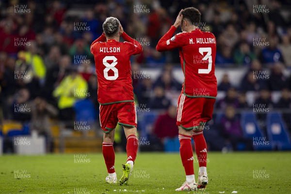 151023 - Wales v Croatia - European Championship Qualifier - Wales' Harry Wilson & Neco Williams react to a missed free kick