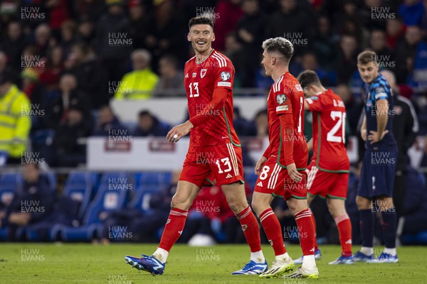 151023 - Wales v Croatia - European Championship Qualifier - Wales' Kieffer Moore celebrates his sides second goal with goalscorer Wales' Harry Wilson