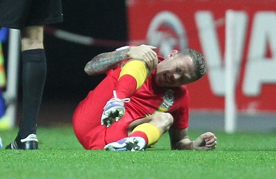 260313 - Wales v Croatia, World Cup Qualifier, Swansea - Wales' Craig Bellamy goes down in the second half of the game holding his right knee