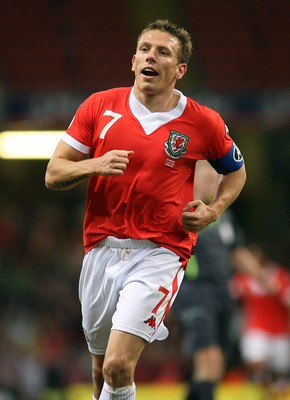 11.10.06...Wales v Cyprus, Euro 2008 Qualifying, Cardiff. Wales' Craig Bellamy celebrates Wales' third goal 