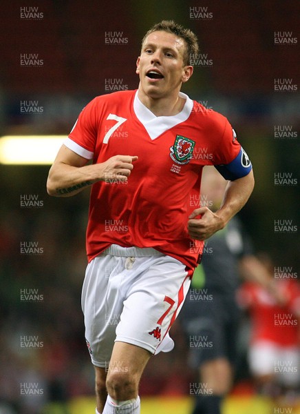 11.10.06...Wales v Cyprus, Euro 2008 Qualifying, Cardiff. Wales' Craig Bellamy celebrates Wales' third goal 