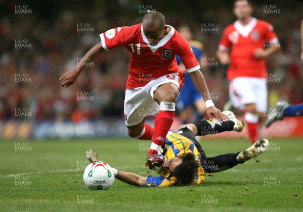 11.10.06...Wales v Cyprus, Euro 2008 Qualifying, Cardiff. Wales' Robert Earnshaw beats keeper Michalis Morphis but fails to find the back of the net 