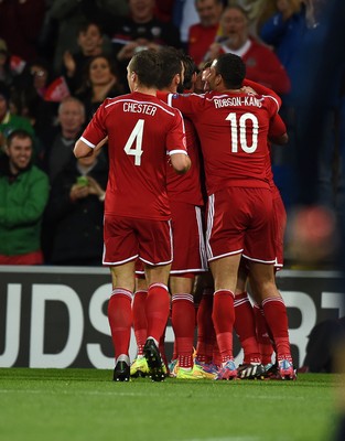 131014 - Wales v Cyprus - UEFA European Championship - David Cotterill of Wales celebrates scoring with team mates