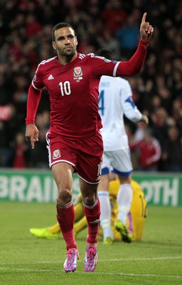 131014 - Wales v Cyprus - UEFA European Championship - Hal Robson-Kanu of Wales celebrates scoring their second goal