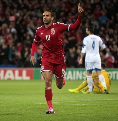 131014 - Wales v Cyprus - UEFA European Championship - Hal Robson-Kanu of Wales celebrates scoring their second goal