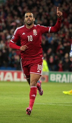 131014 - Wales v Cyprus - UEFA European Championship - Hal Robson-Kanu of Wales celebrates scoring their second goal