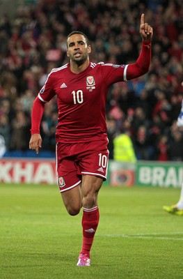 131014 - Wales v Cyprus - UEFA European Championship - Hal Robson-Kanu of Wales celebrates scoring their second goal