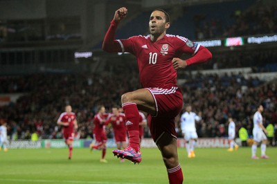 131014 - Wales v Cyprus - UEFA European Championship - Hal Robson-Kanu of Wales celebrates scoring their second goal