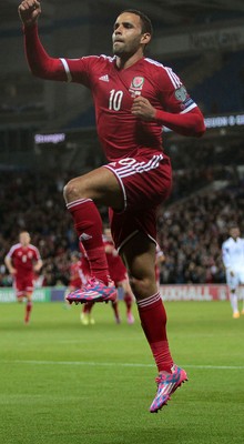 131014 - Wales v Cyprus - UEFA European Championship - Hal Robson-Kanu of Wales celebrates scoring their second goal