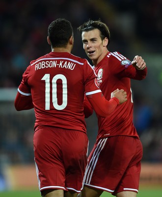 131014 - Wales v Cyprus - UEFA European Championship - Hal Robson-Kanu of Wales celebrates scoring with Gareth Bale
